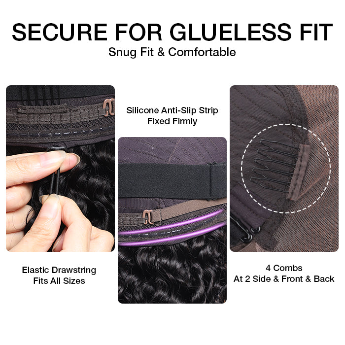 Glueless Pull Go Drawstring Curly Wig with 4C Curly Edge Hairline 13x4 13x6 HD Lace Human Hair Wigs 220%Density