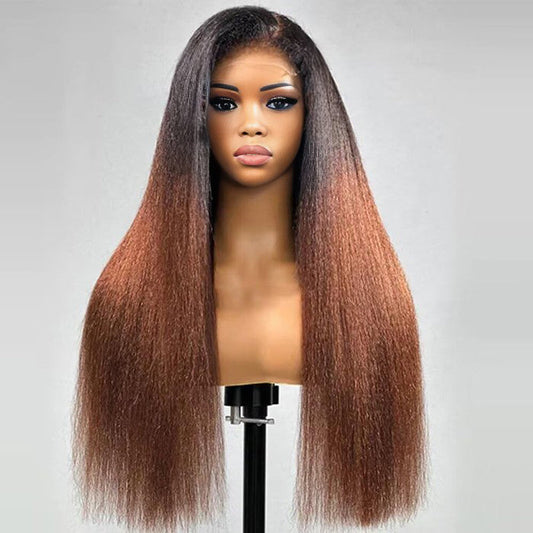 Kinky Edges Ombre Auburn Color Kinky Straight Wig Glueless HD Lace Human Hair Wig For Black Women