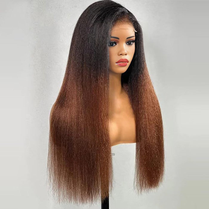 Kinky Edges Ombre Auburn Color Kinky Straight Wig Glueless HD Lace Human Hair Wig For Black Women