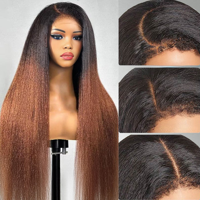 Kinky Edges Ombre Auburn Color Kinky Straight Wig Glueless HD Lace Human Hair Wig For Black Women