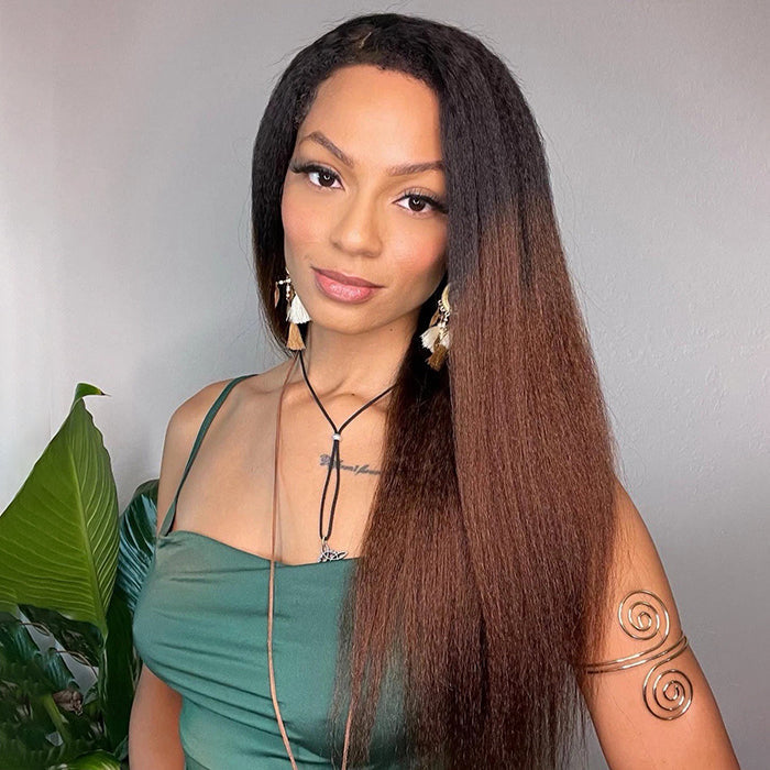 Kinky Edges Ombre Auburn Color Kinky Straight Wig Glueless HD Lace Human Hair Wig For Black Women