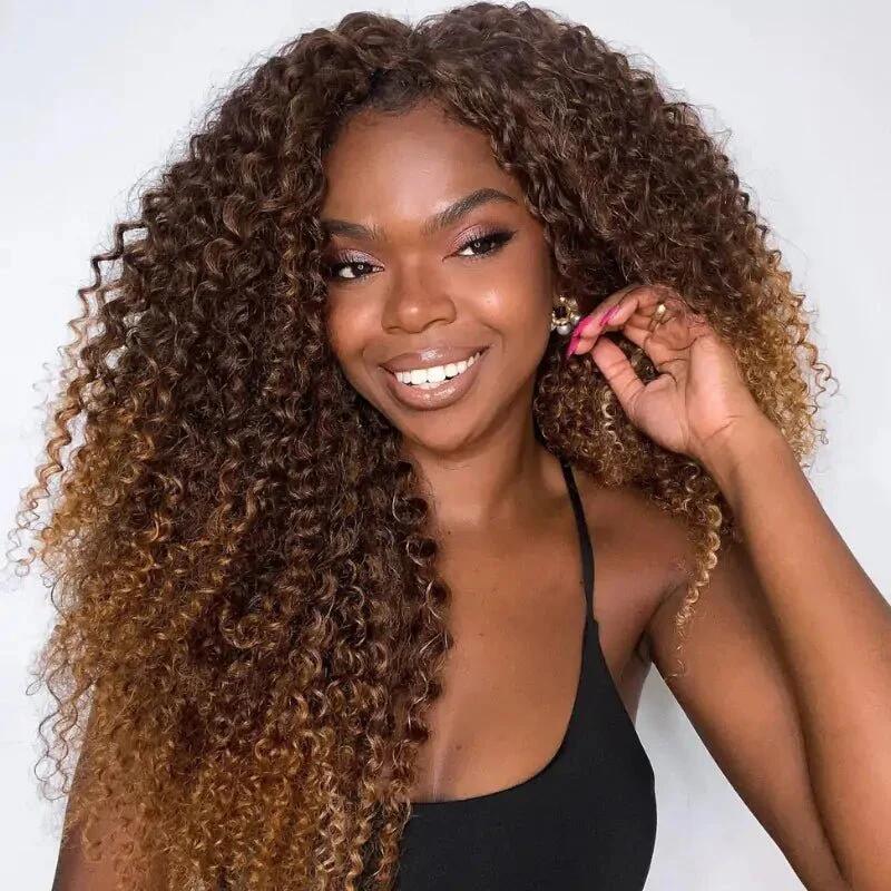 300 Density Luxury Curly Wig Ombre Auburn Brown 100% Human Hair Swiss 13x4 Lace Front Glueless Wig