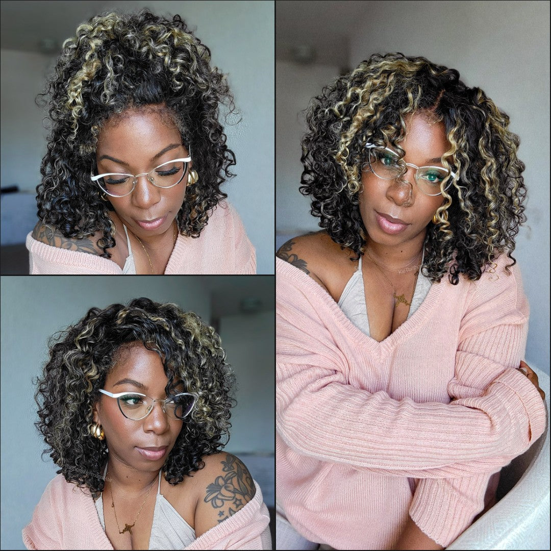 M1B/27 Blonde Highlight Curly Human Hair Wigs Glueless Pre Cut 8x5 HD Lace Closure Wig Put on Go