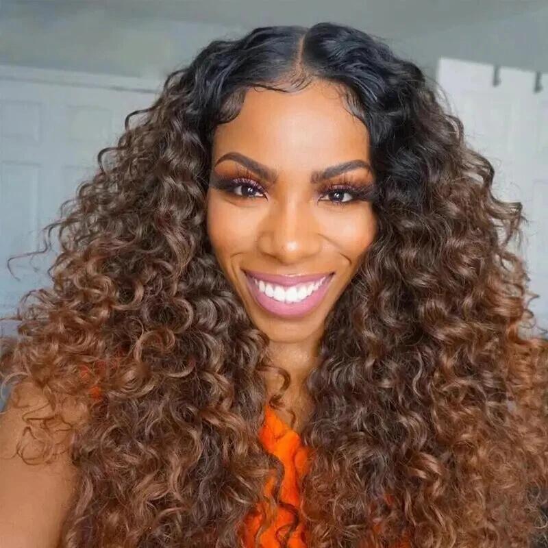 300 Density Ombre Brown Preplucked Water Wave HD Lace Front Human Hair Wigs