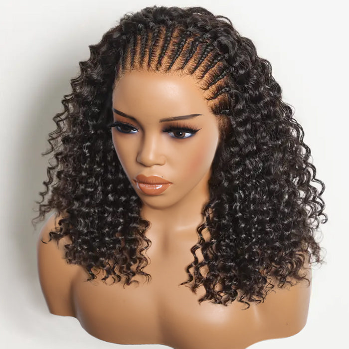Knotless Fulani Braids Coily Deep Curly Wig Glueless Ear-to-ear 13x6 Frontal HD Lace Wig Human Hair Flexi-Fit Drawstring Cap