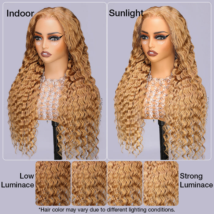 #27 Honey Blonde Deep Wave HD Lace Front Human Hair Wig with Pre Plucked