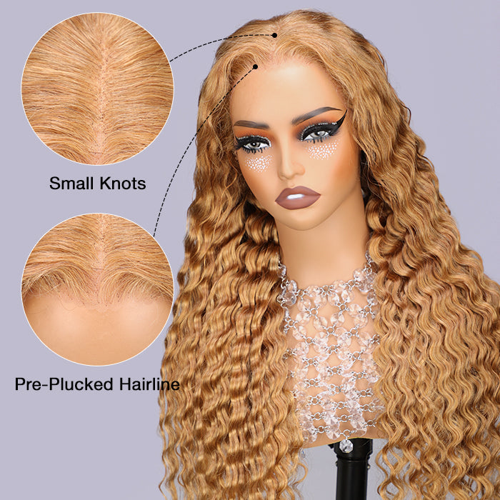 #27 Honey Blonde Deep Wave HD Lace Front Human Hair Wig with Pre Plucked