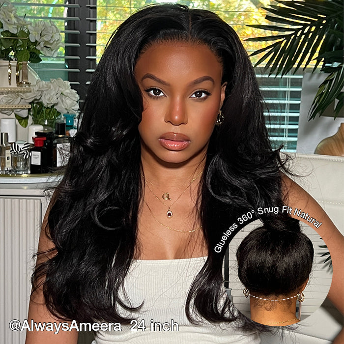 Glueless Kinky Straight Invisible-String Snug Fit 360 Full Lace Pre Plucked & Bleached HD Lace Wigs
