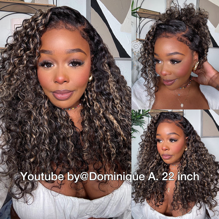 Blonde Highlight Curly Glueless HD Lace Wig Human Hair Pre-Cut Lace Pre-Plucked Pre-Bleached