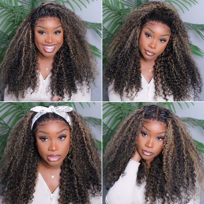 Glueless Blonde Highlight Curly Human Hair Wig For Black Women Pre Plucked 13X4 13X6 Undetectable HD Lace Front Wig