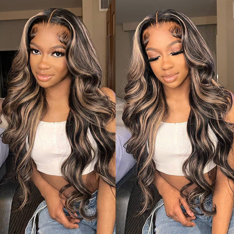 #1B/27 Blonde Highlight Body Wave 8x5 HD Glueless Lace Wig 100% Human Hair Pre Plucked  Natural Hairline 10A Quality