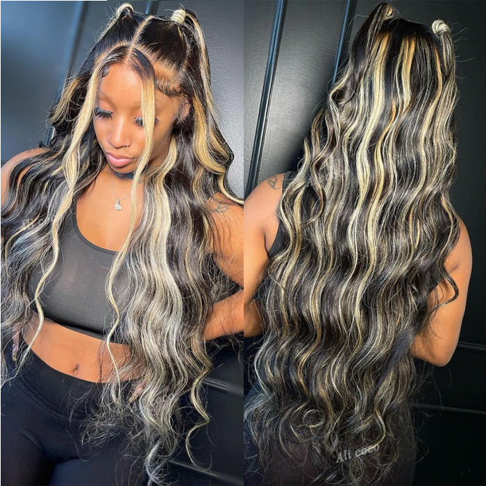 M1B/27 Balayage Highlight 13x6 Full Lace Frontal Human Hair Pre Plucked Natural Hairline Glusless Wigs