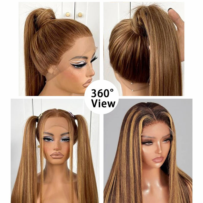 #4/27 Brown Highlights Straight Invisi Strap Snug Fit 360 Pre-Everything Glueless Lace Frontal Wig