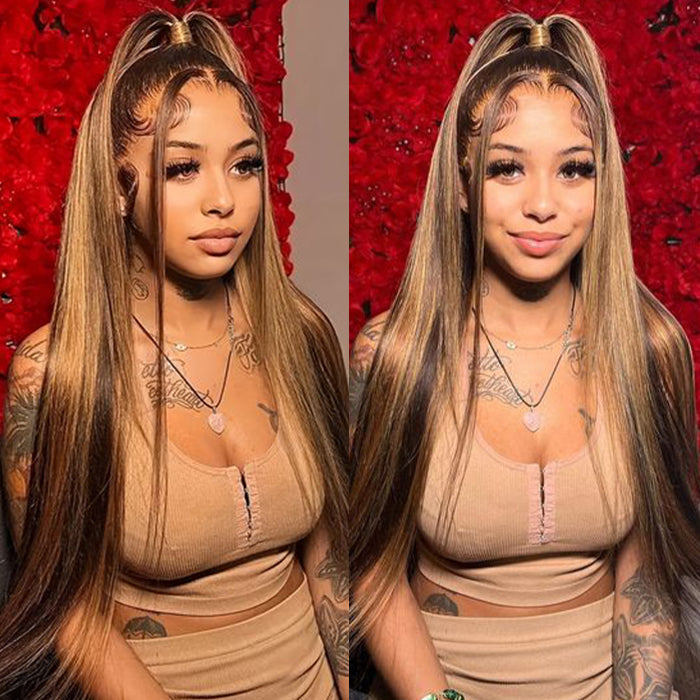 #4/27 Brown Highlights Straight Invisi Strap Snug Fit 360 Pre-Everything Glueless Lace Frontal Wig