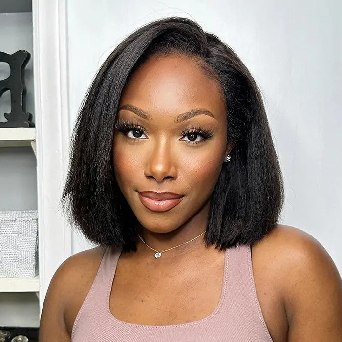 4C Edges Hairline Kinky Straight 8×5 Pre-bleached Knots Natural Scalp 220% Density Short Bob Wig