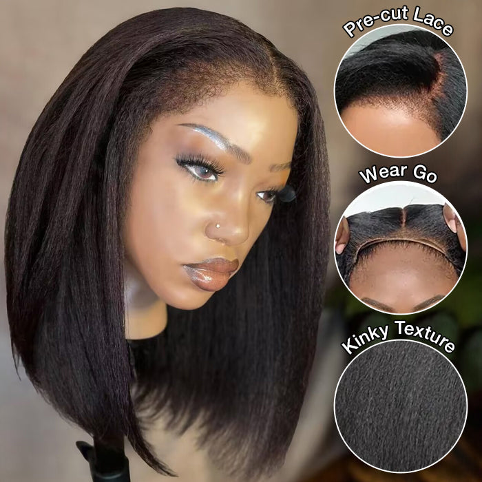 4C Edges Hairline Kinky Straight 8×5 Pre-bleached Knots Natural Scalp 220% Density Short Bob Wig