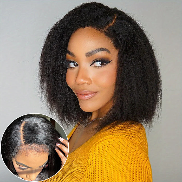 4C Edges Hairline Kinky Straight 8×5 Pre-bleached Knots Natural Scalp 220% Density Short Bob Wig