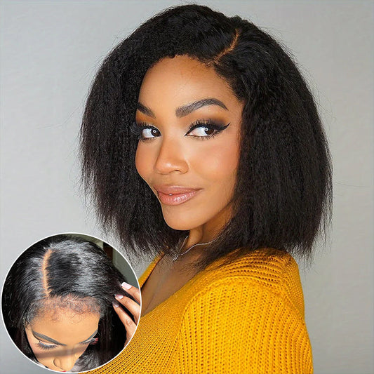 4C Edges Hairline Kinky Straight 8×5 Pre-bleached Knots Natural Scalp 220% Density Short Bob Wig