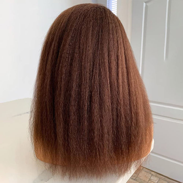 Brown Colored Kinky Straight Invisi String Snug Fit 360 Melting Lace Frontal Glueless Wig Human Hair