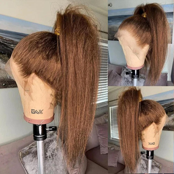 Brown Colored Kinky Straight Invisi String Snug Fit 360 Melting Lace Frontal Glueless Wig Human Hair