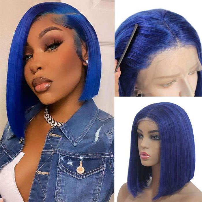 Blue Bob Wig 220% Density Straight 13x4 Lace Front Human Hair Wig Natural Hairline Bob Wigs