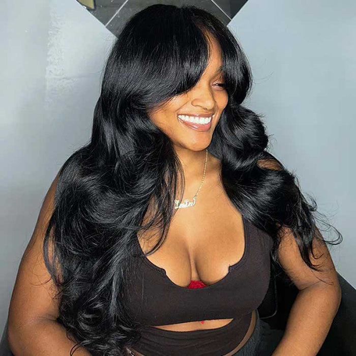 Body Wave Curtain Bangs 8x5 Glueless HD Lace Closure Wig and 13x4 Frontal Wig Put On And Go