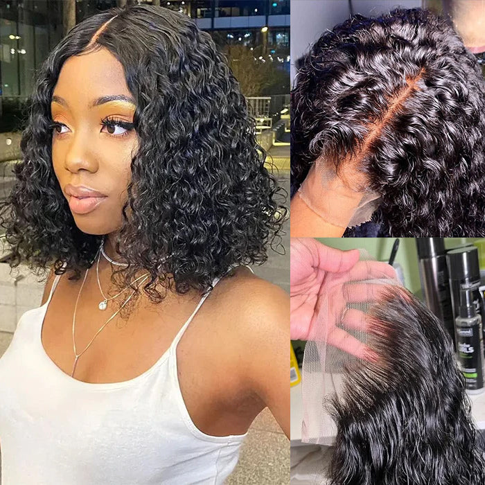 Deep Wave HD Lace Front Bob Wig Pre Plucked Human Hair Lace Wigs For Women 220% Density