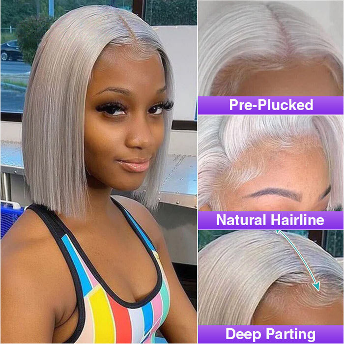 Grey 13x4 Lace Front Human Hair Wigs Straight Colored Sliver Bob Lace Wigs For Black Women Pre Plucked 220% Density