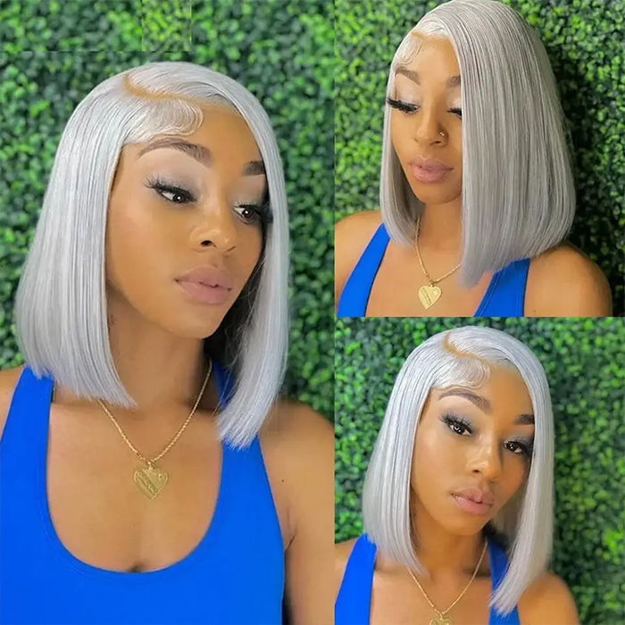 Grey 13x4 Lace Front Human Hair Wigs Straight Colored Sliver Bob Lace Wigs For Black Women Pre Plucked 220% Density