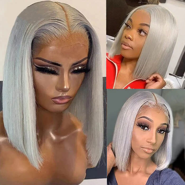 Grey 13x4 Lace Front Human Hair Wigs Straight Colored Sliver Bob Lace Wigs For Black Women Pre Plucked 220% Density
