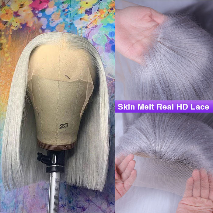 Grey 13x4 Lace Front Human Hair Wigs Straight Colored Sliver Bob Lace Wigs For Black Women Pre Plucked 220% Density