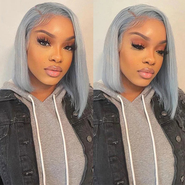 Grey 13x4 Lace Front Human Hair Wigs Straight Colored Sliver Bob Lace Wigs For Black Women Pre Plucked 220% Density