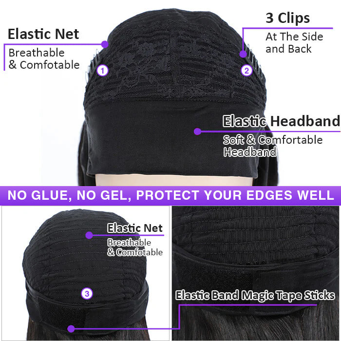 220% Density Body Wave Hair Headband Bob Wig Glueless Human Hair Half Wig