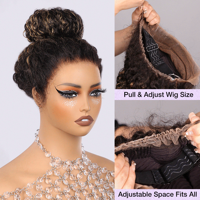 M1b/27 Blonde Highlight Curly Wigs Invisi-String Snug Fit 360 HD Lace Frontal Virgin Human Hair Wig For Women