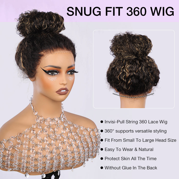M1b/27 Blonde Highlight Curly Wigs Invisi-String Snug Fit 360 HD Lace Frontal Virgin Human Hair Wig For Women