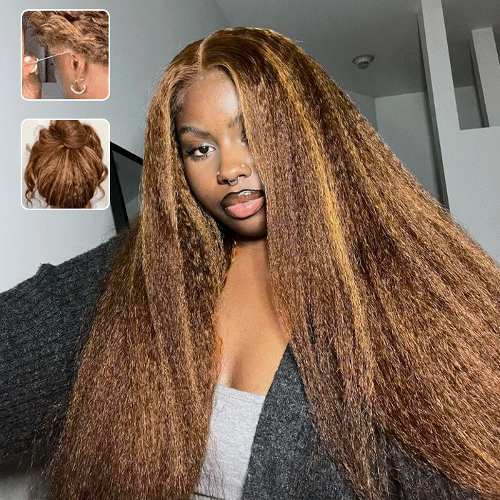 Glueless Kinky Straight Invisible-String Snug Fit 360 Full Lace Pre Plucked & Bleached HD Lace Wigs