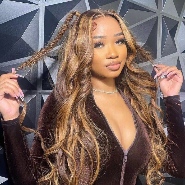 4/27 Honey Blonde Highlight 5x5 HD Transparent Lace Closure Human Hair Wigs