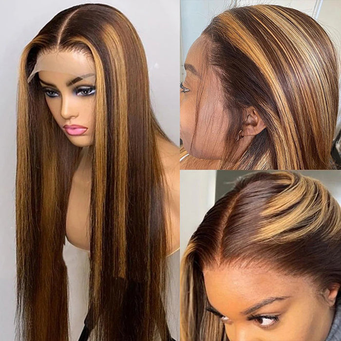 4/27 Honey Blonde Highlight 5x5 HD Transparent Lace Closure Human Hair Wigs