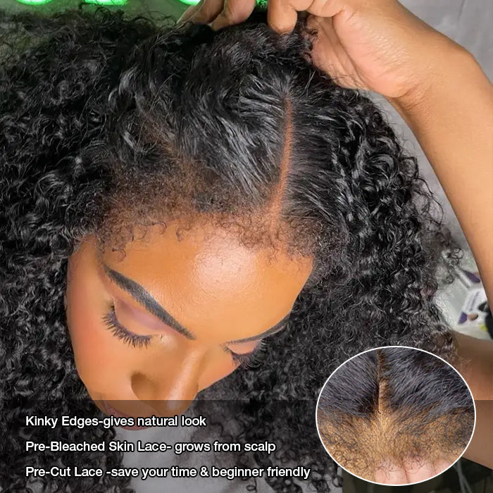 Kinky Edges Glueless 360 Full Lace Frontal Curly Wigs With Invisi-String Affordable Snug Fit Human Hair Wigs Lace Parting Anywhere