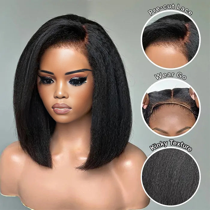 Kinky Straight Human Hair Glueless Lace Human Hair Wigs Pre Cut Bob Lace Wigs