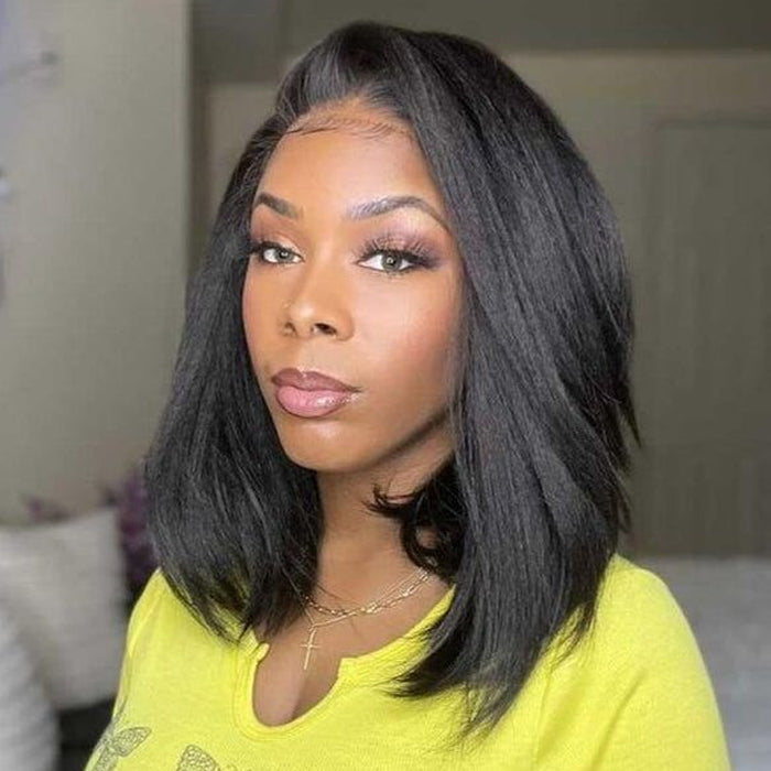 Kinky Straight Human Hair Glueless Lace Human Hair Wigs Pre Cut Bob Lace Wigs