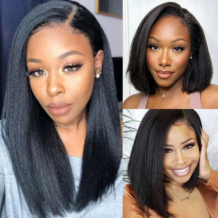 Bleached Knots Kinky Straight Hair Bob Wig Pre-cut Hd Lace Wear Go Glueless Human Hair Wigs