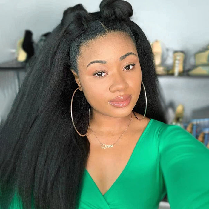 Easy Wear Kinky Straight 3 In 1 Half Wig With Drawstring Comfortable Fit No Glue Needed