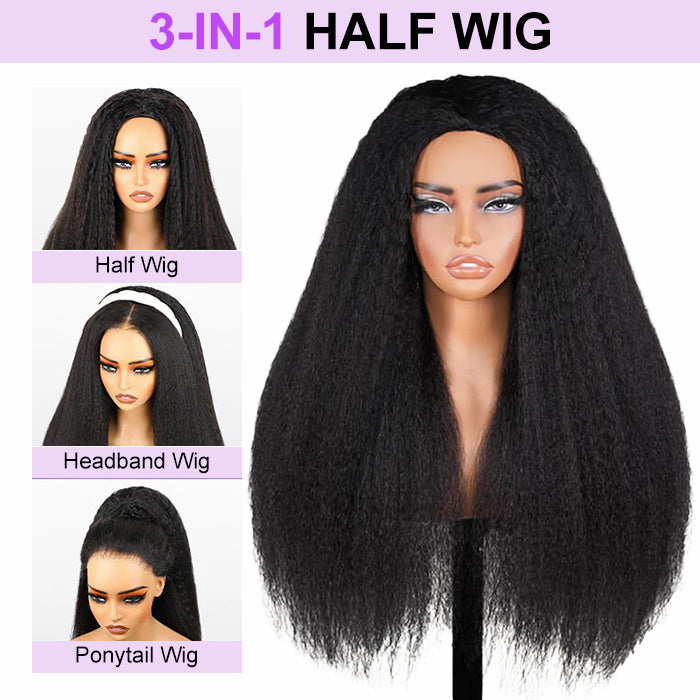 Easy Wear Kinky Straight 3 In 1 Half Wig With Drawstring Comfortable Fit No Glue Needed