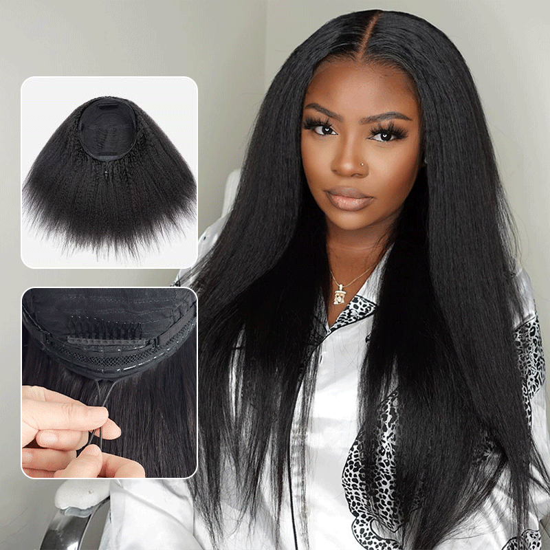 Easy Wear Kinky Straight 3 In 1 Half Wig With Drawstring Comfortable Fit No Glue Needed