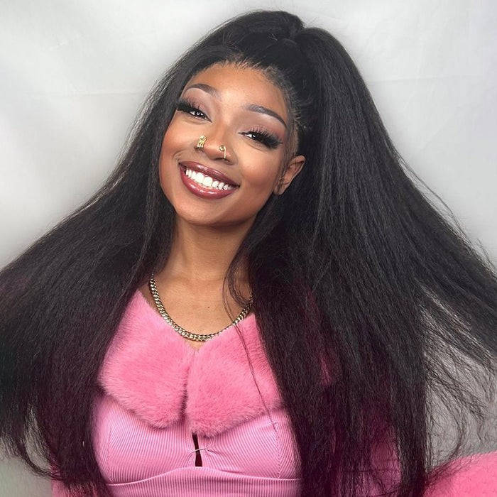 Easy Wear Kinky Straight 3 In 1 Half Wig With Drawstring Comfortable Fit No Glue Needed