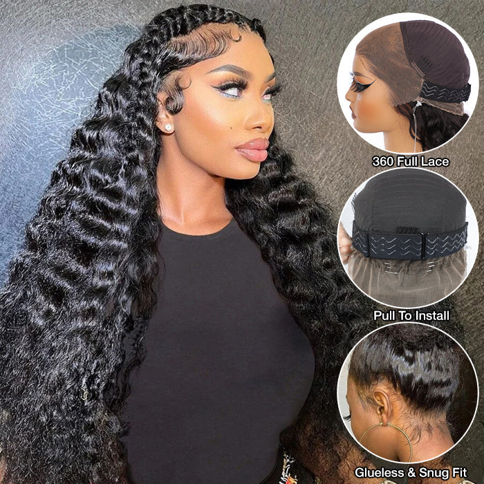Loose Deep Wave Invisible-String Snug Fit 360 Lace Front Wigs Pre Plucked HD Lace Human Hair Crimped Wigs