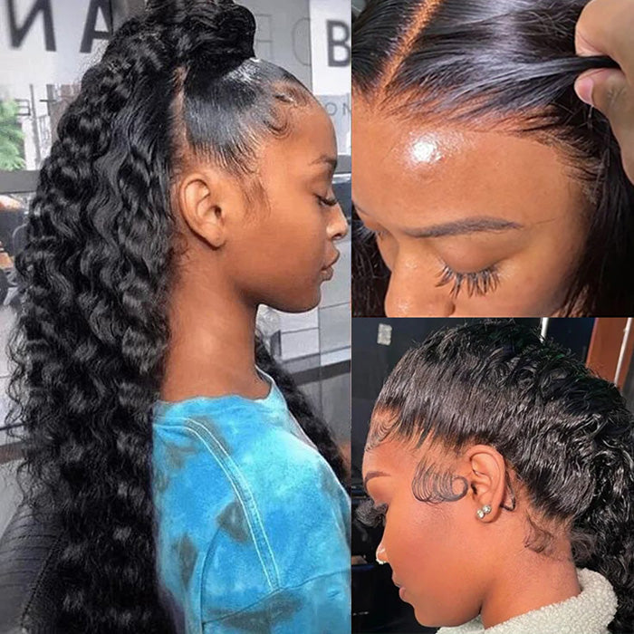 Loose Deep Wave Invisible-String Snug Fit 360 Lace Front Wigs Pre Plucked HD Lace Human Hair Crimped Wigs