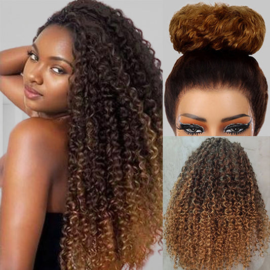Curly Wig Ombre Auburn Brown 100% Human Hair 360 Skin Lace Frontal Invisi String Pre Everything Glueless Wig