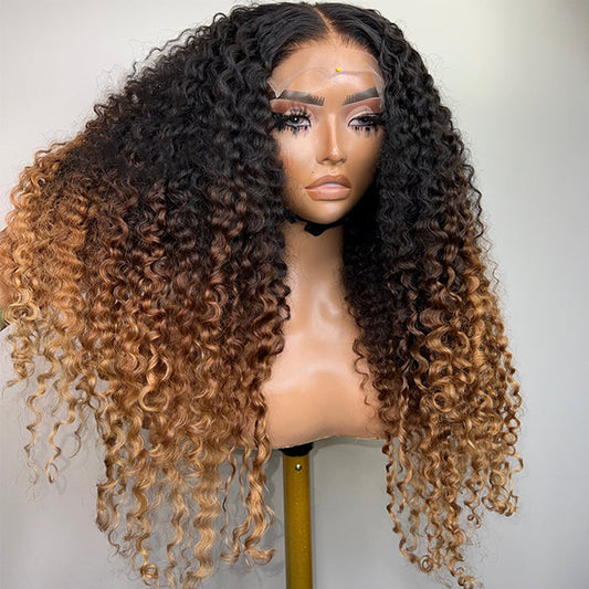 300 Density Luxury Curly Wig Ombre Brown 100% Human Hair Swiss 13x4 HD Lace Front Glueless Wig For Women